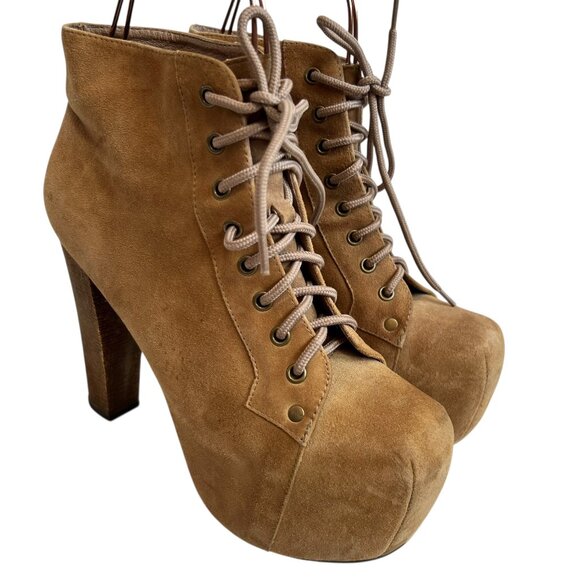 Jeffrey Campbell Lita platform booties tan brown suede lace up size 8.5 boots - Picture 1 of 12